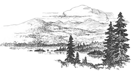 Drawing of a view of mountains, lake, and forests