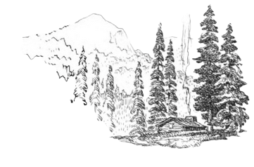 Drawing of a cabin in the forest with smoke coming out of the chimney and a mountain in the background